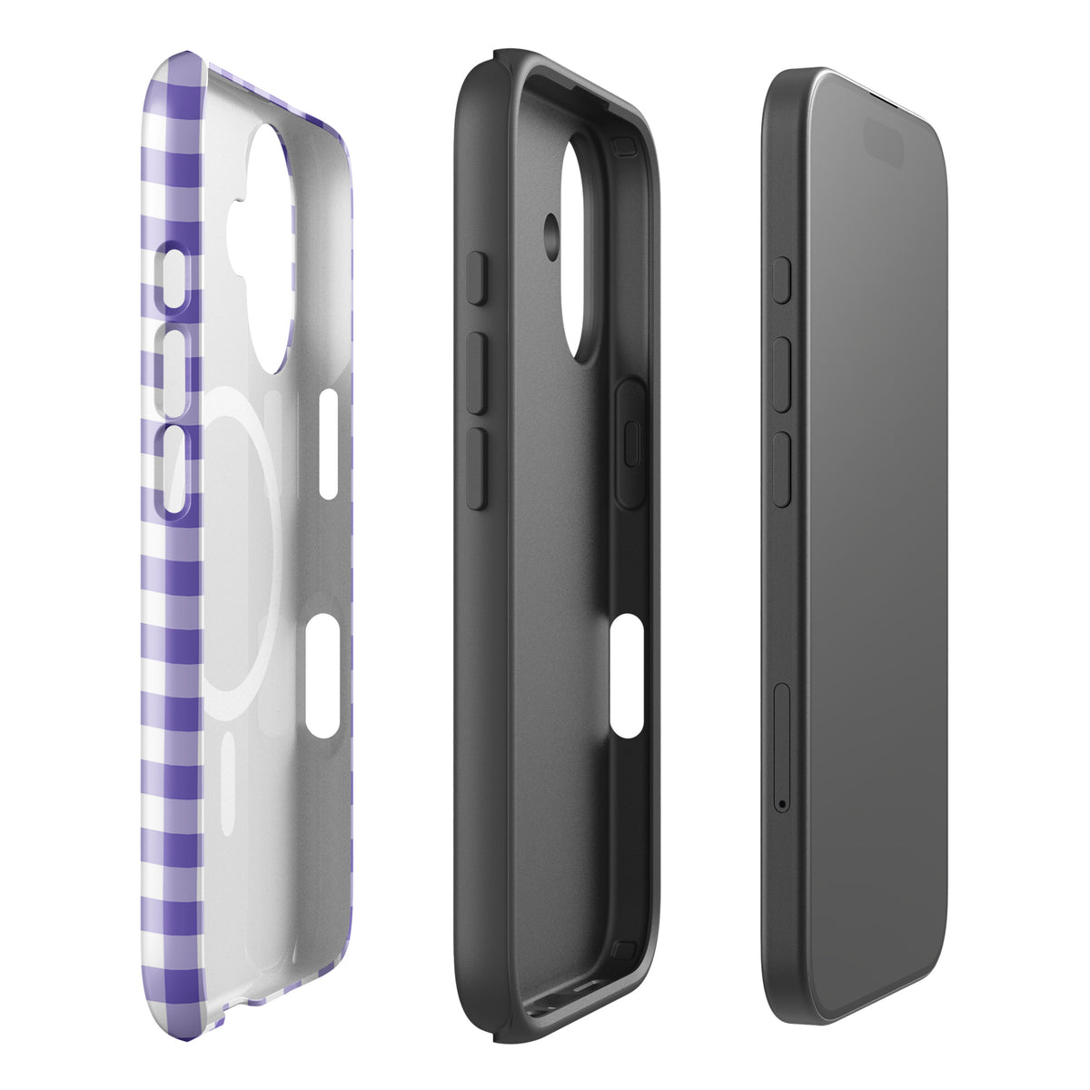 Magnetic Phone Case for iPhone with purple and white gingham pattern offering style and protection, side and front views.