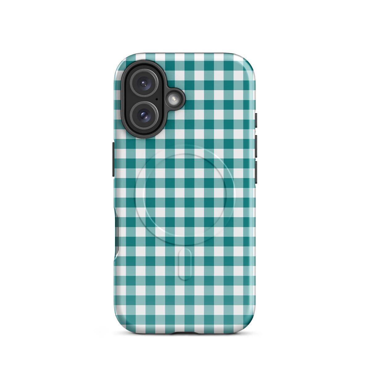 Magnetic Phone Case with teal and white gingham pattern for iPhone, blending style and protection, perfect for chic device enhancement.