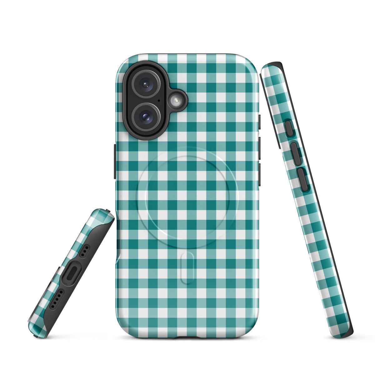 Magnetic Phone Case with teal and white gingham pattern for iPhone, offering style and protection.