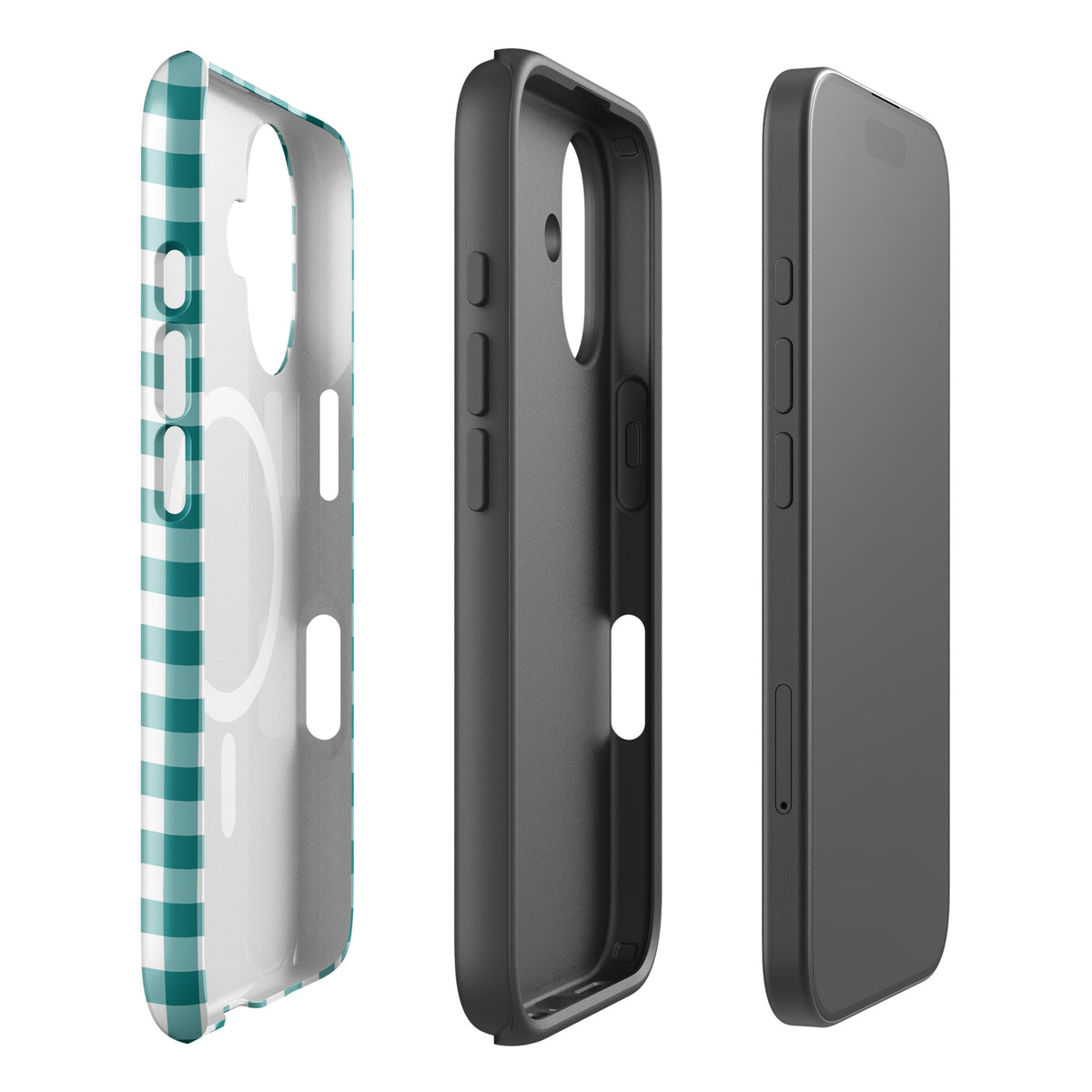 Magnetic Phone Case in teal/white gingham for iPhone, showcasing stylish design and strong protection.