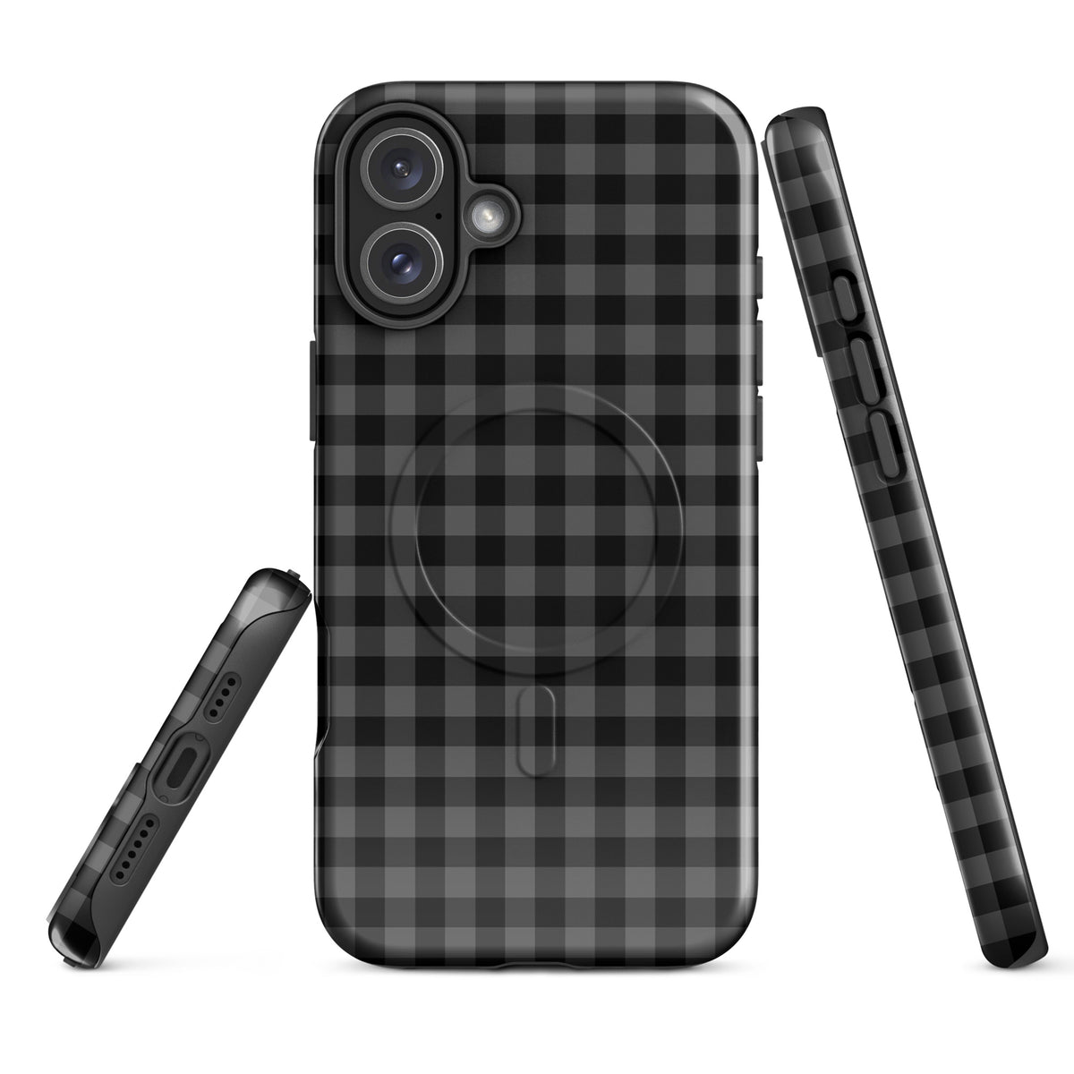 Magnetic Phone Case for iPhone with black/charcoal gingham pattern, offering modern style and durability.