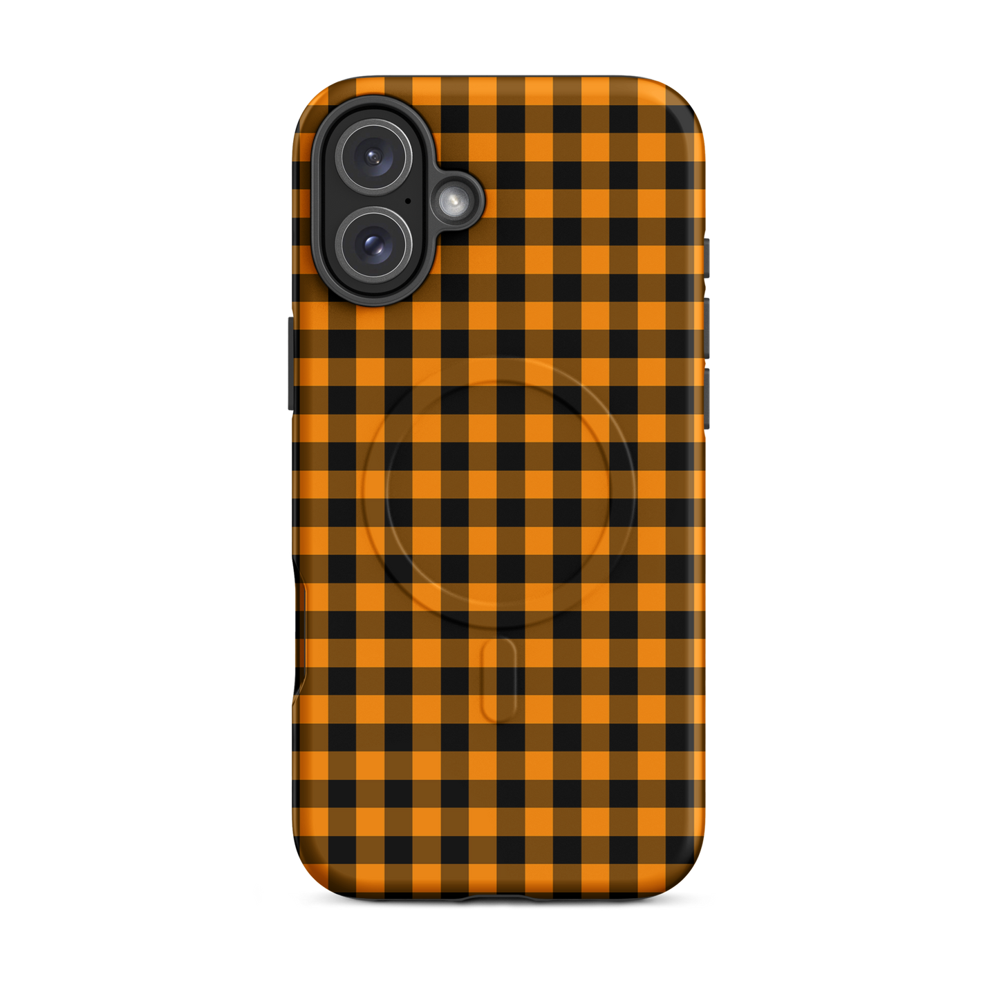 Magnetic Phone Case with black-and-orange gingham autumn theme for iPhone, stylish and durable design.