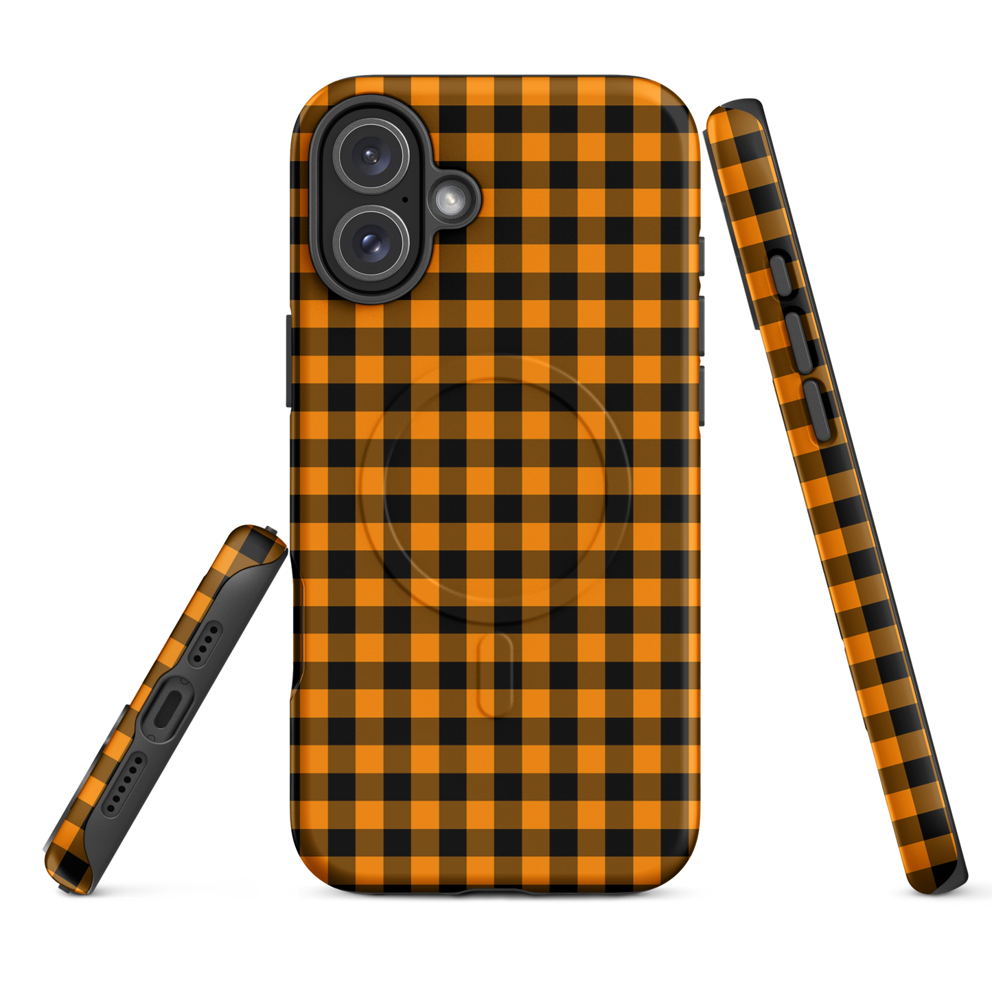 Magnetic Phone Case with black-and-orange gingham autumn theme for iPhone, offering stylish design and durability.