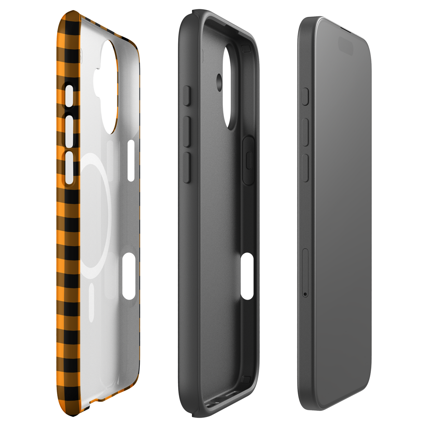 Magnetic Phone Case for iPhone with black-and-orange gingham pattern, showcasing chic autumn theme and luxury design.