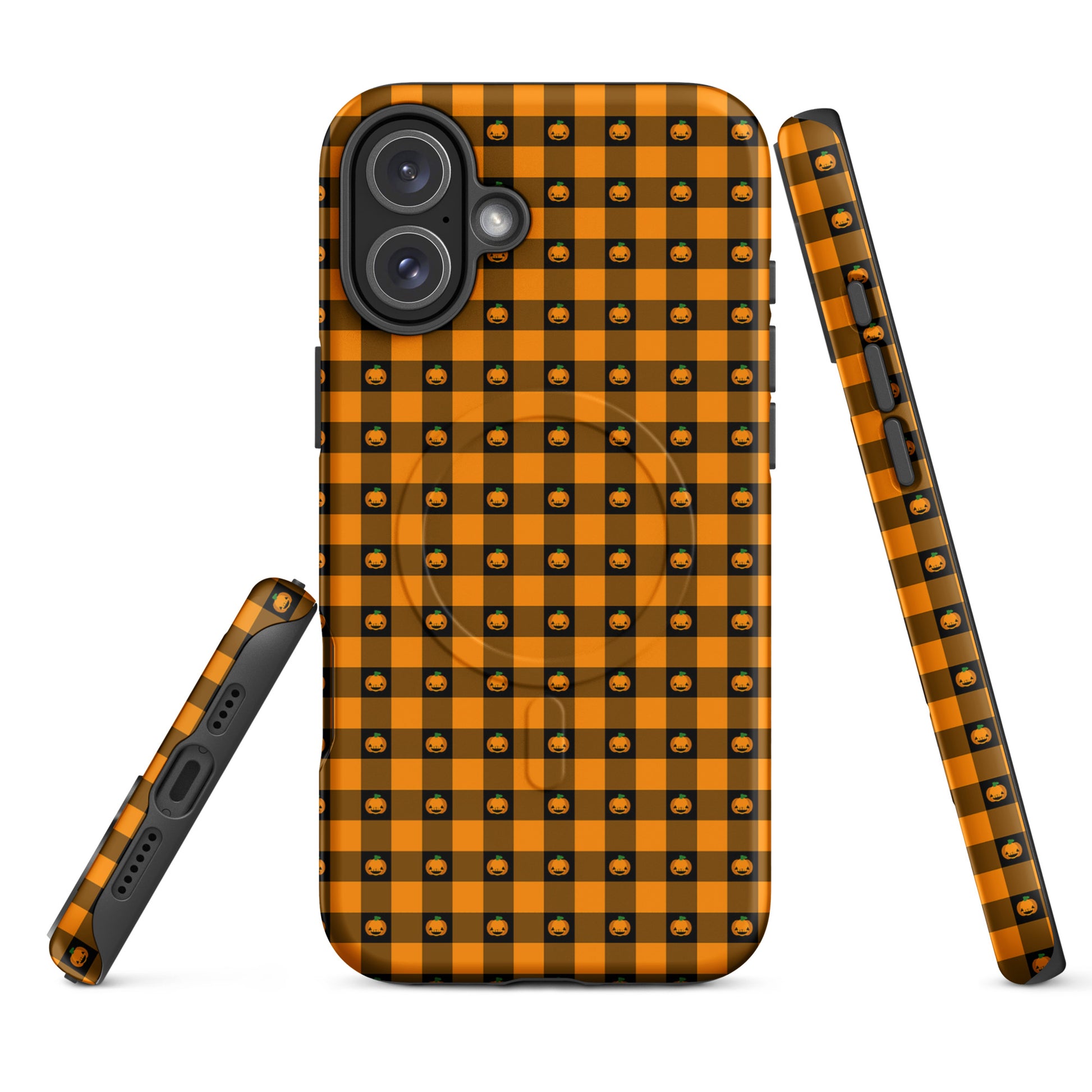 Magnetic Phone Case for iPhone with Halloween pumpkin gingham design, featuring jack-o’-lanterns on a festive black and orange checker pattern.