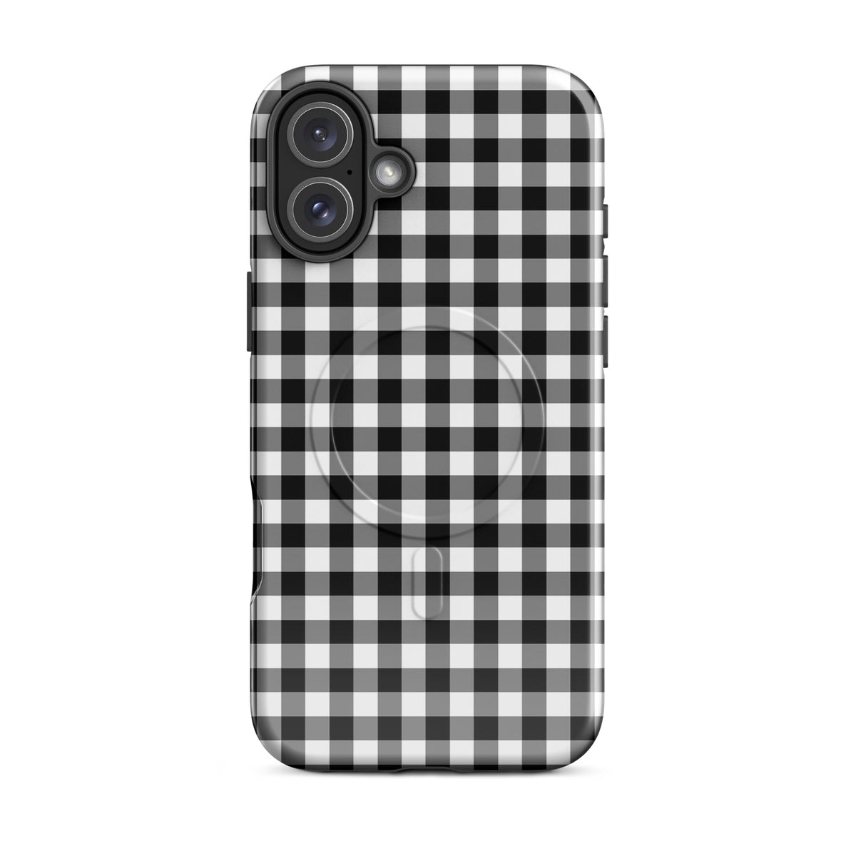 Magnetic Phone Case in black and white gingham pattern for iPhone offering style and protection.