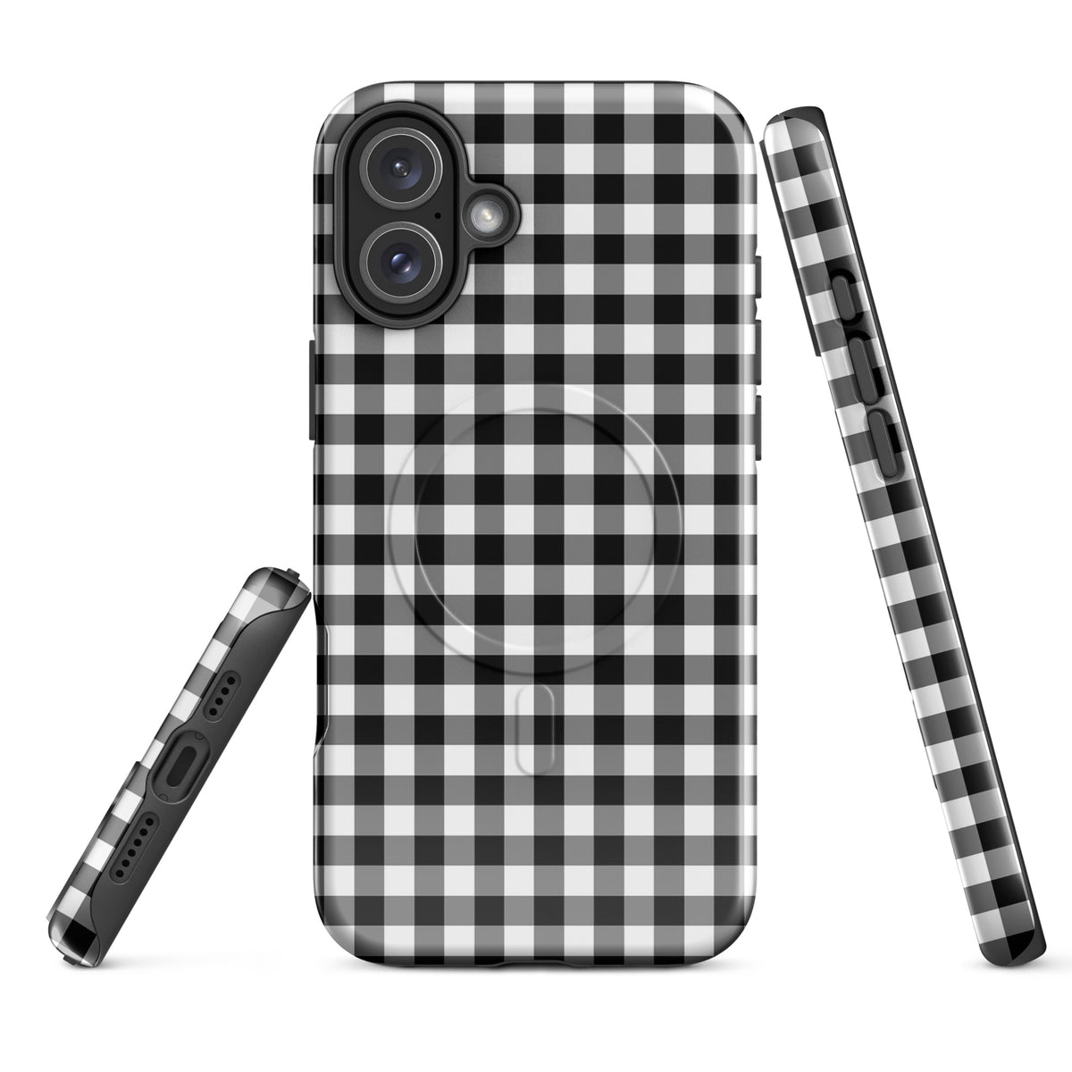 Magnetic Phone Case for iPhone with black-and-white gingham pattern, providing style and protection, side and back views.