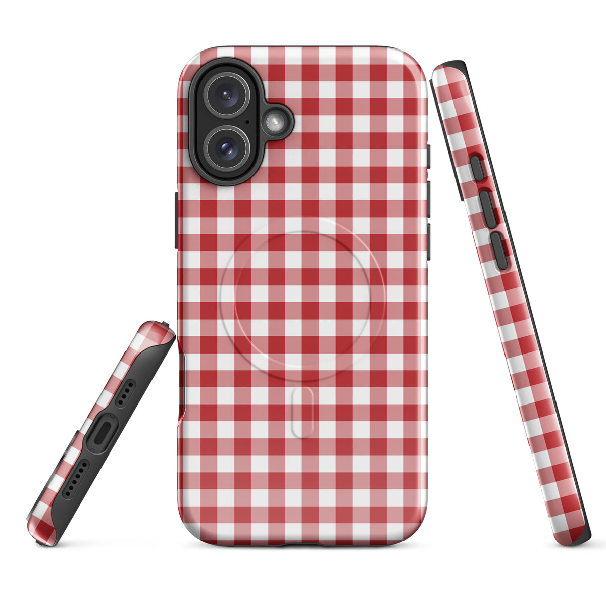 Magnetic Phone Case for iPhone with red-and-white gingham pattern, stylish and durable design, perfect accessory for protection and fashion.
