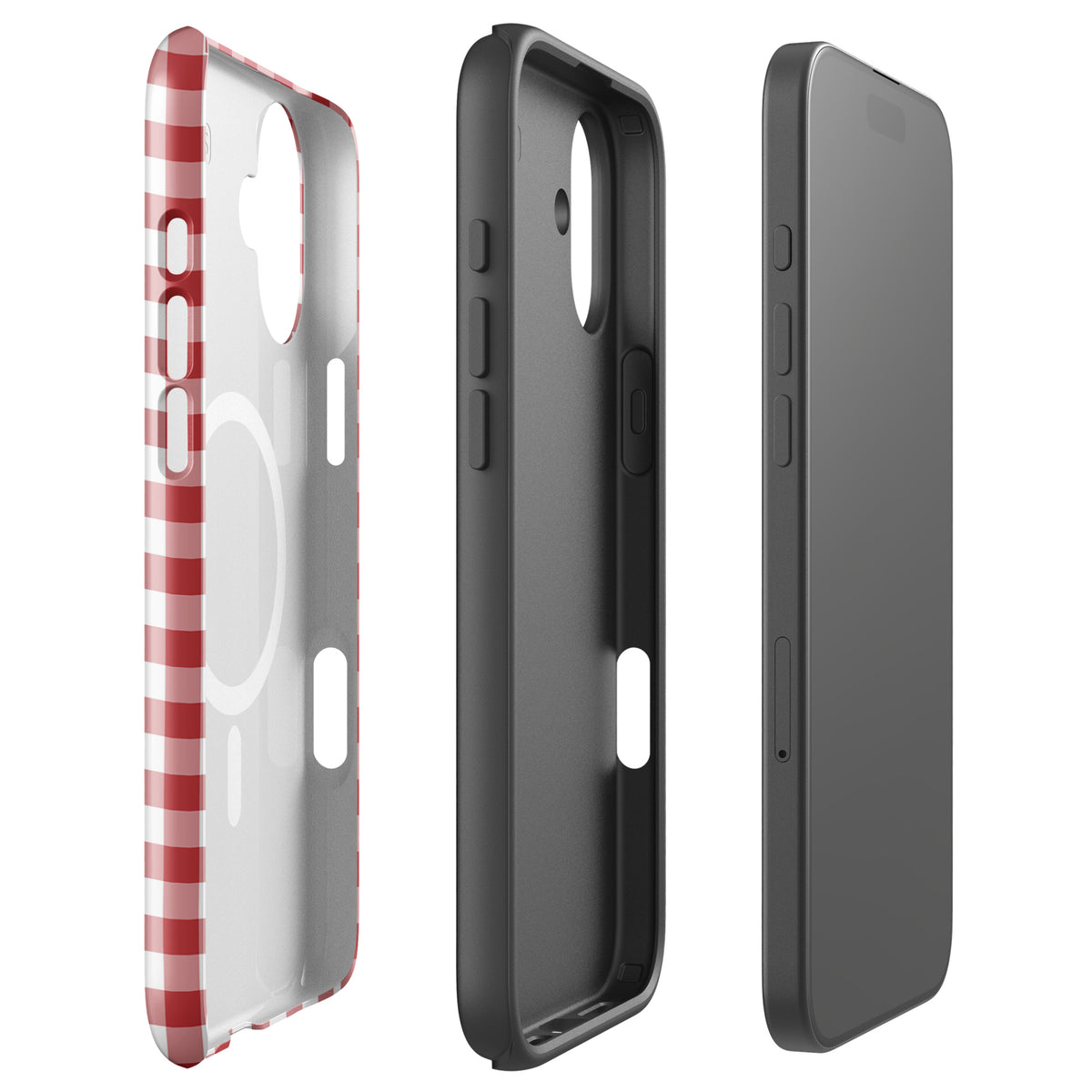Magnetic Phone Case for iPhone with red-and-white gingham pattern offering style and protection, view of case and inner lining.