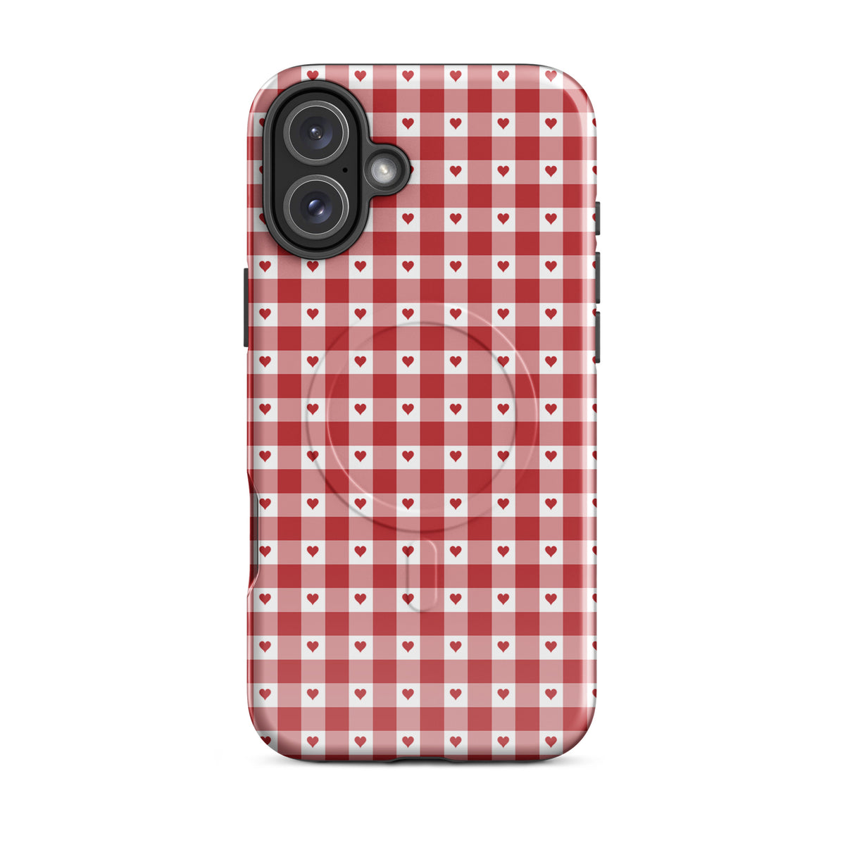 Magnetic Phone Case with red gingham heart pattern for iPhone, combining charm and durability.