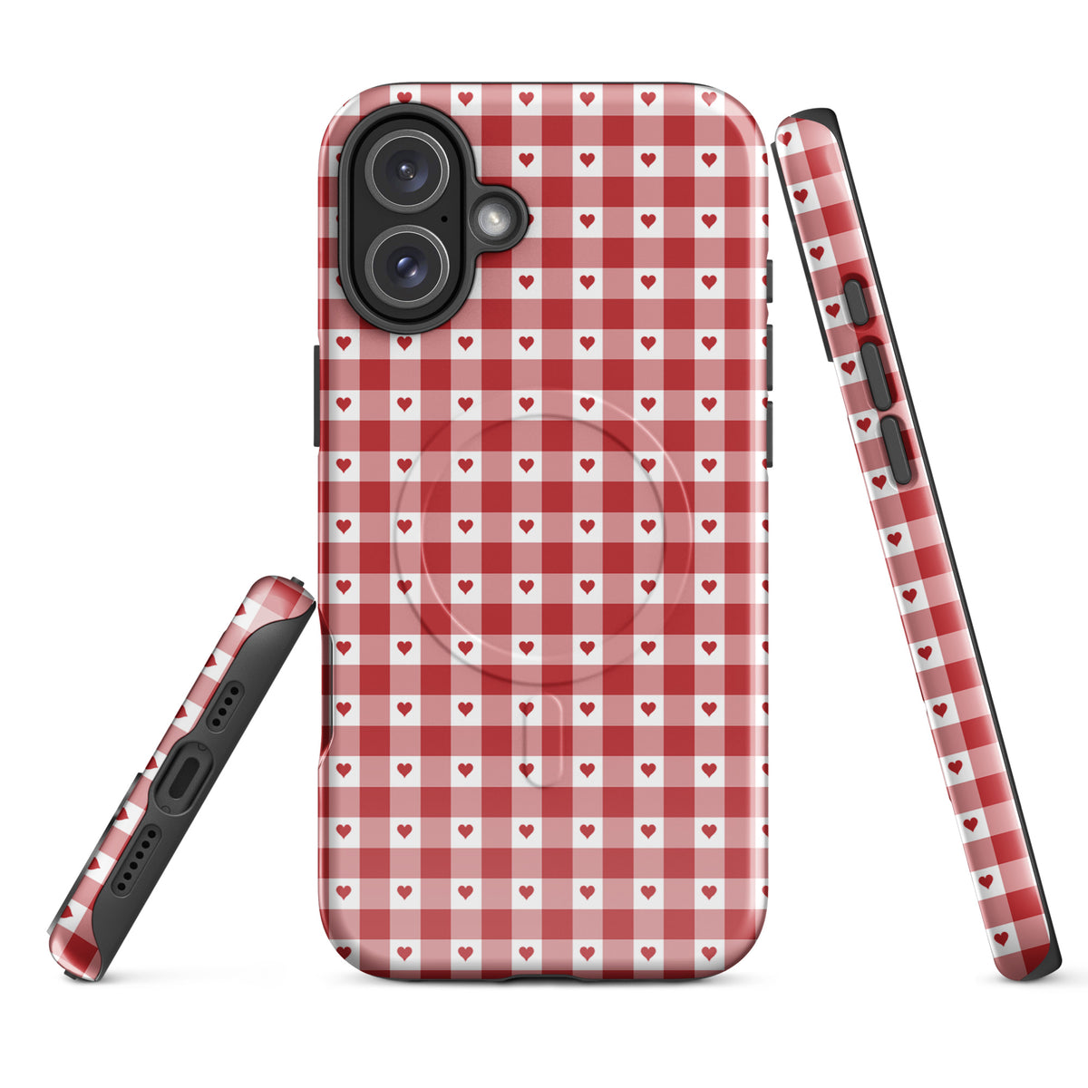 Magnetic Phone Case with red gingham and heart pattern for iPhone, combines stylish design with durability for chic accessory appeal.