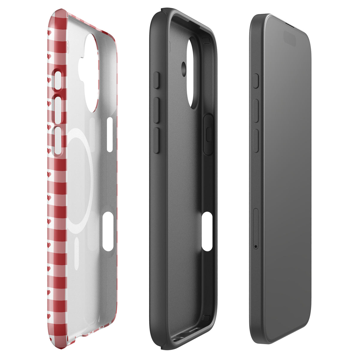 Magnetic Phone Case for iPhone with red gingham heart pattern in three-piece view, showcasing stylish and durable design.