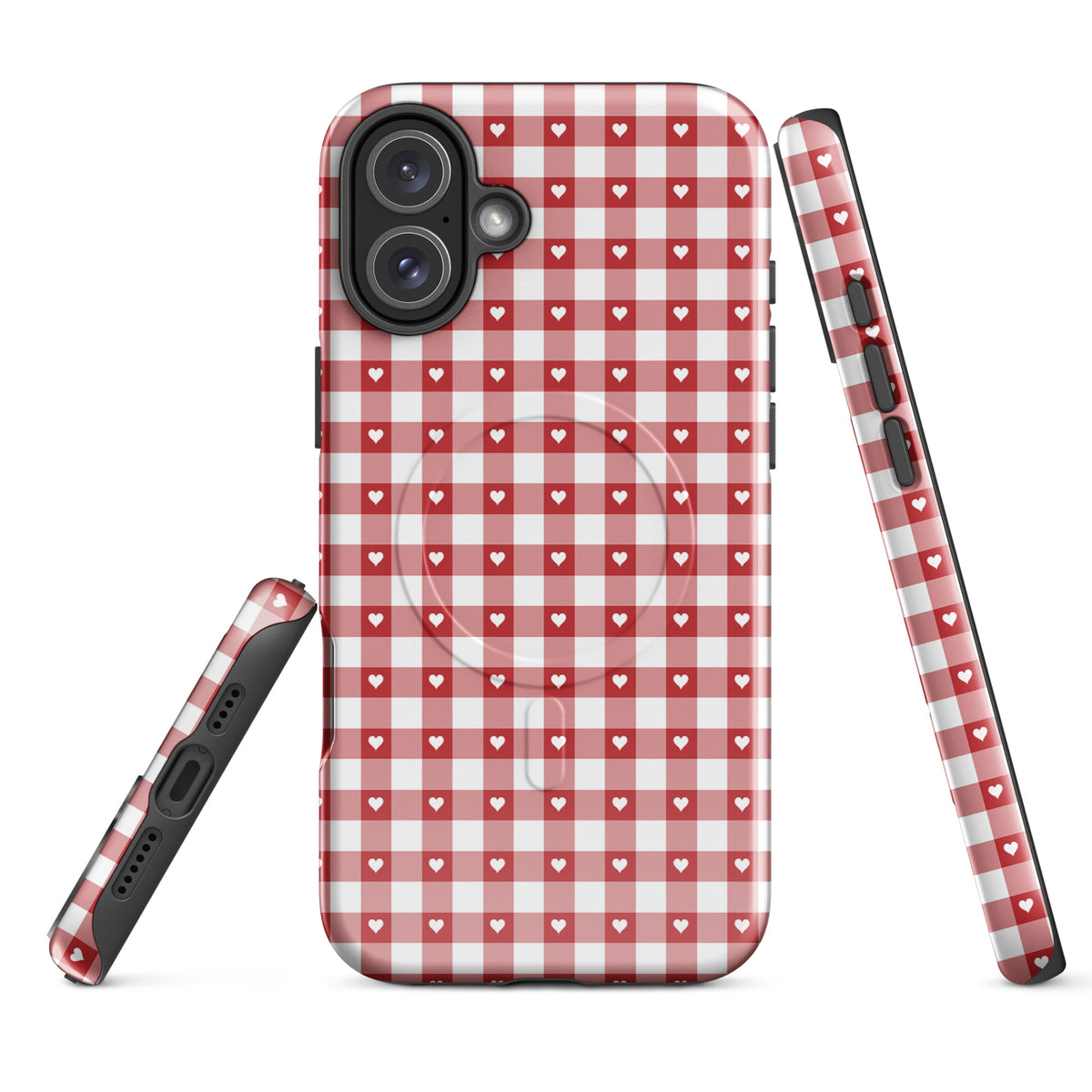 Magnetic Phone Case with red and white gingham pattern and hearts, designed for iPhone. Stylish and protective accessory.
