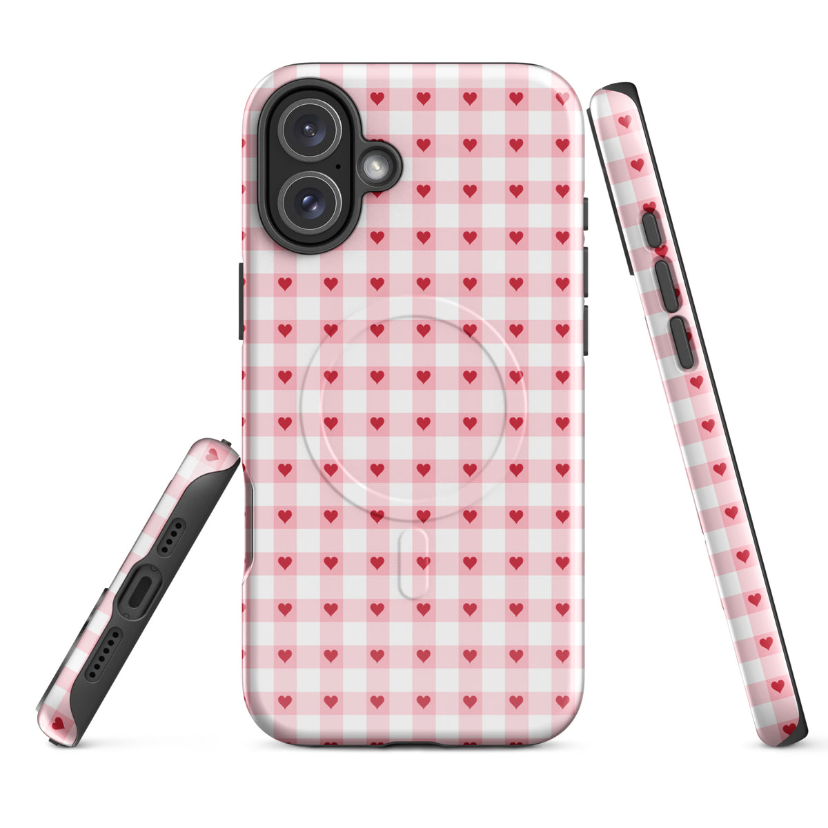 Magnetic Phone Case with pink-and-white gingham and red hearts pattern for iPhone, stylish and durable design.