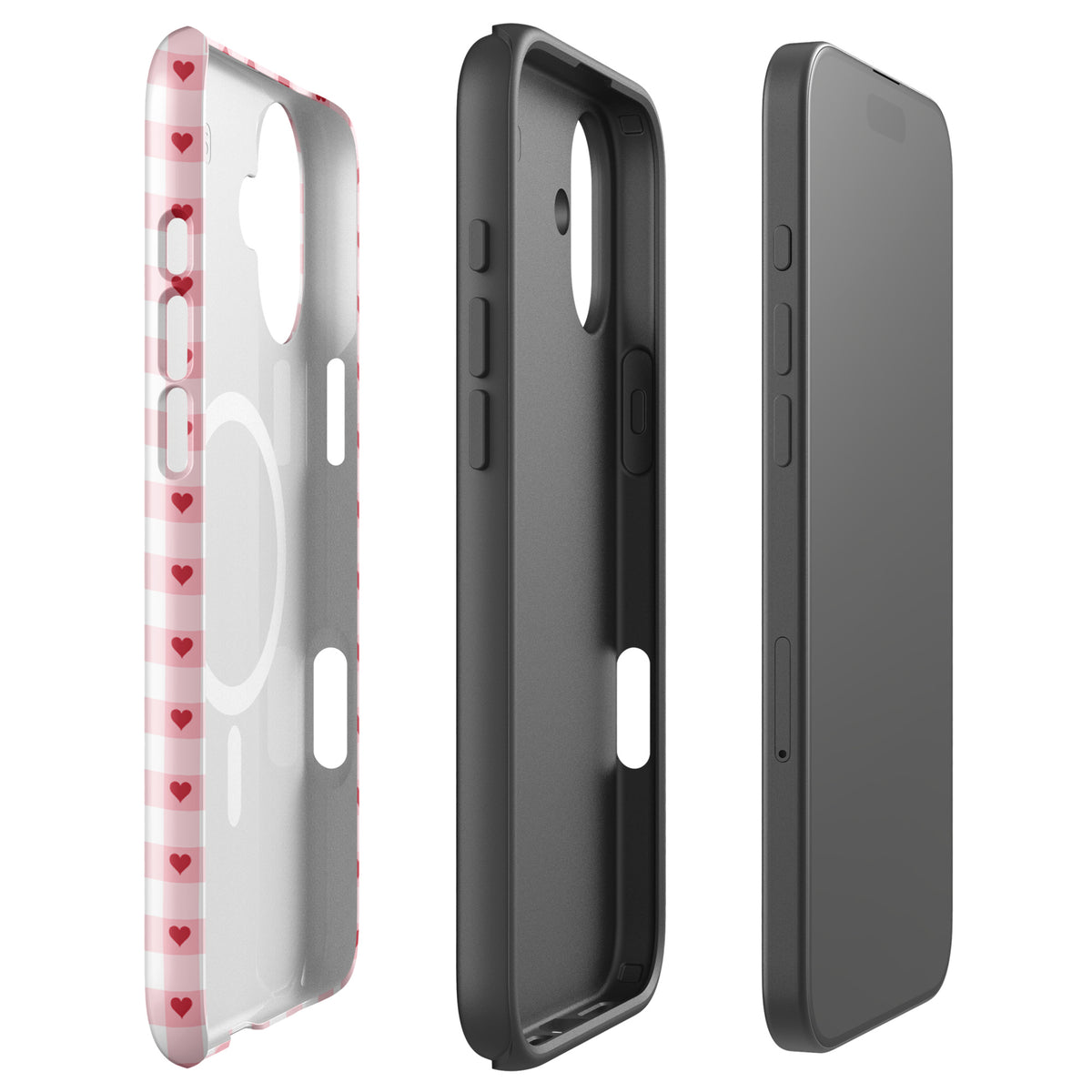 Magnetic Phone Case with pink-and-white gingham and red hearts for iPhone, showcasing stylish and durable smartphone protection.