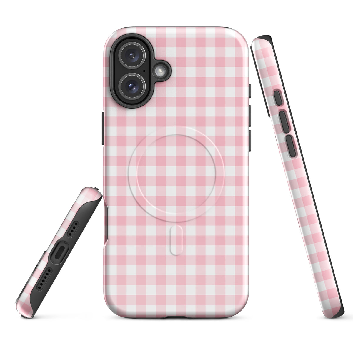 Magnetic Phone Case in pink and white gingham pattern for iPhone, stylish and durable design offering chic protection.