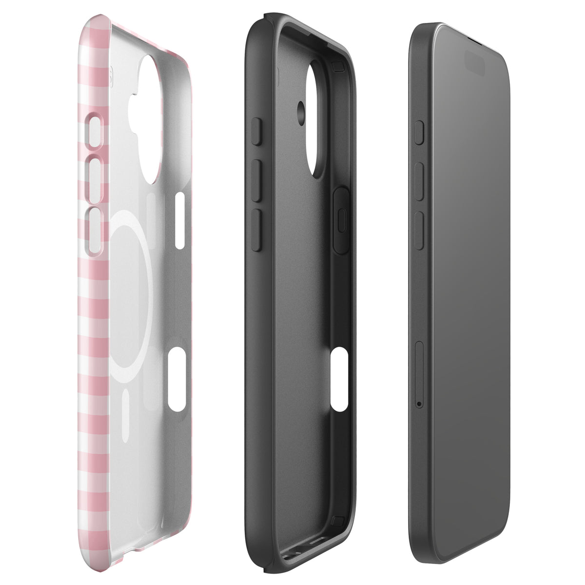 Magnetic Phone Case with pink and white gingham pattern, designed for iPhone, showcases style and protection in multiple views.
