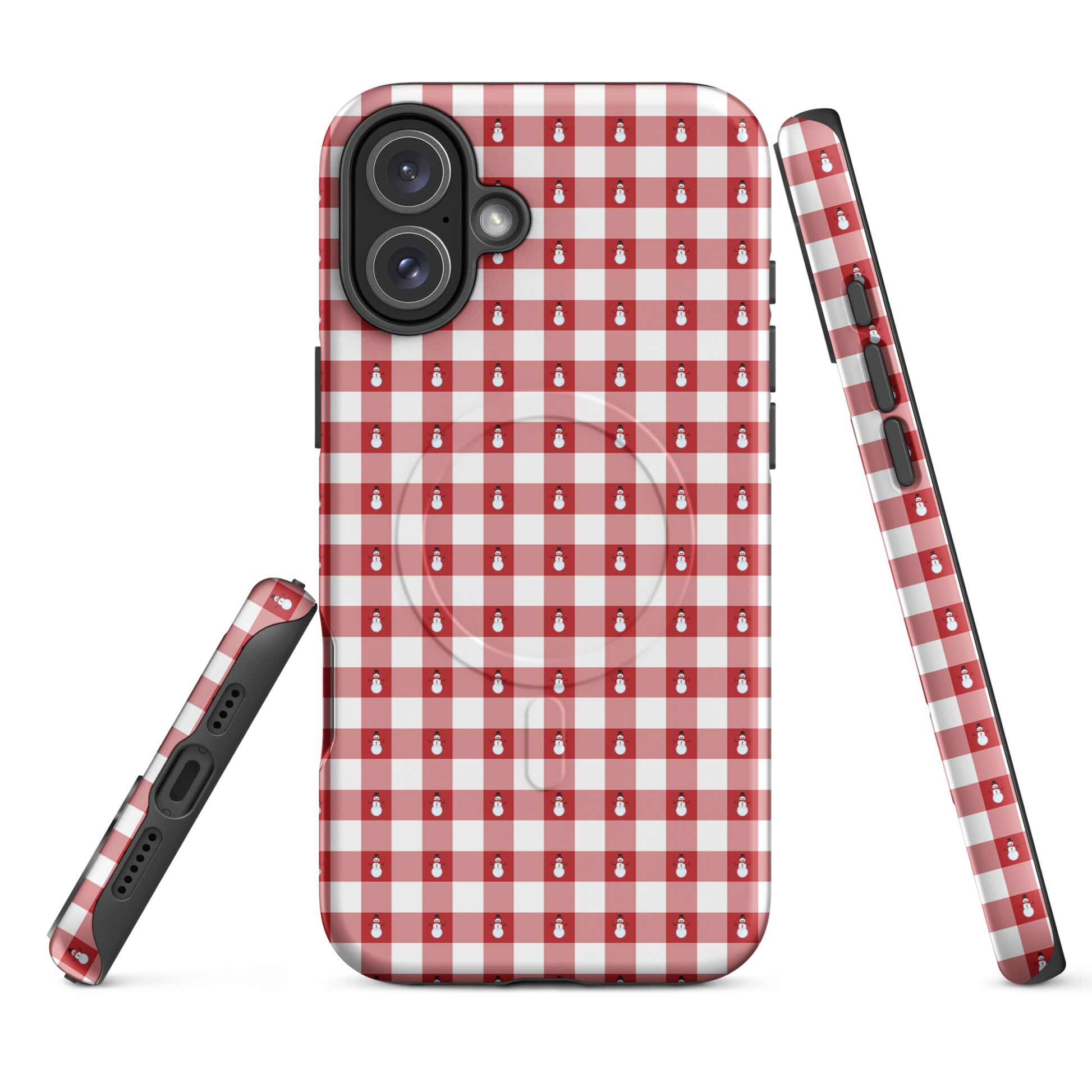 Magnetic Phone Case for iPhone with red and white gingham pattern and snowmen design for winter protection.