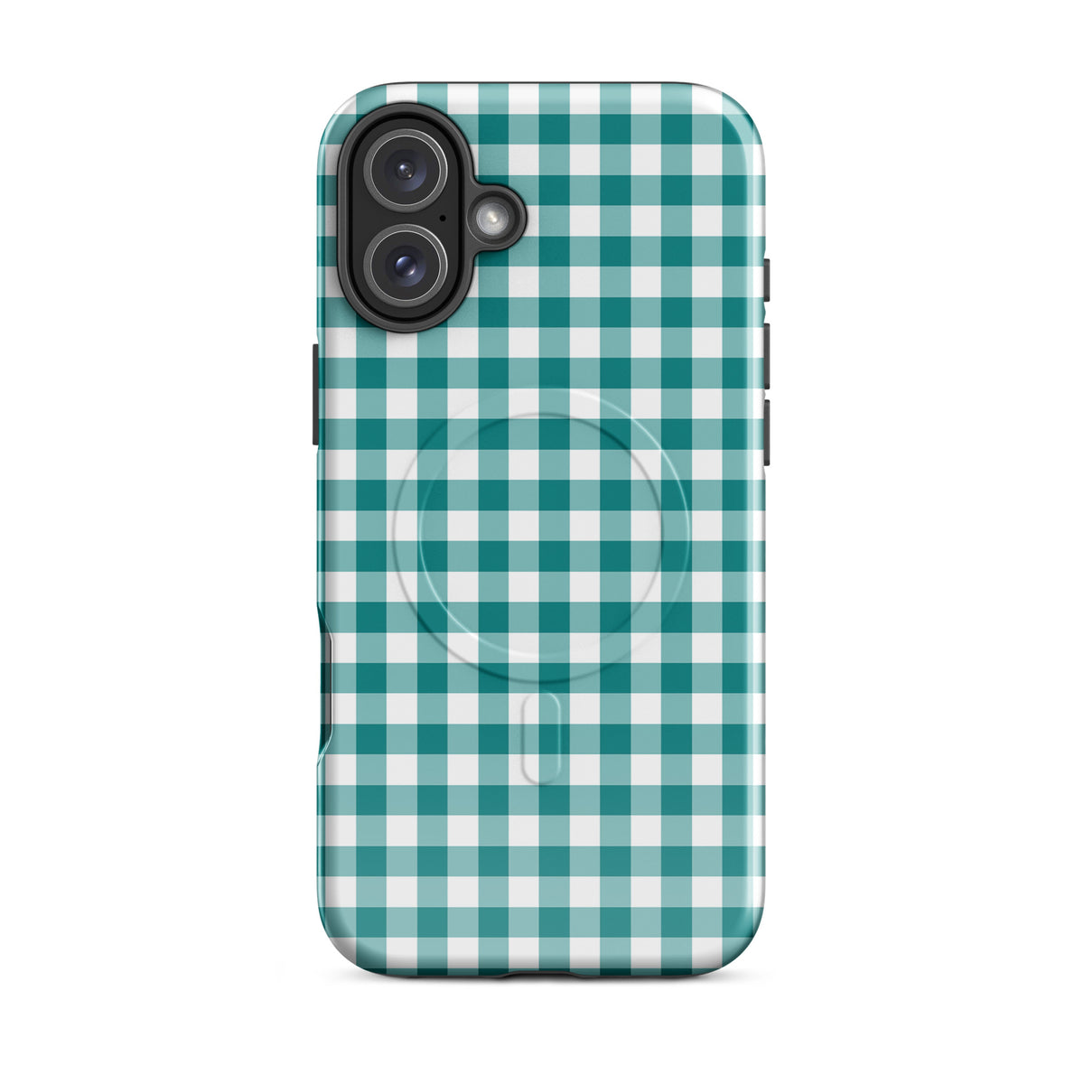 Magnetic Phone Case with teal and white gingham pattern for iPhone, offering style and protection.