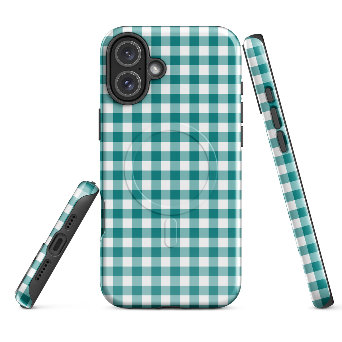 Magnetic Phone Case in teal and white gingham pattern for iPhone, stylish and durable accessory.