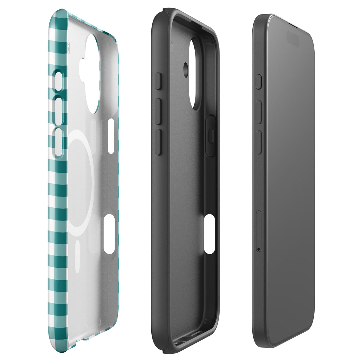Magnetic Phone Case for iPhone with teal and white gingham pattern, shown from three angles