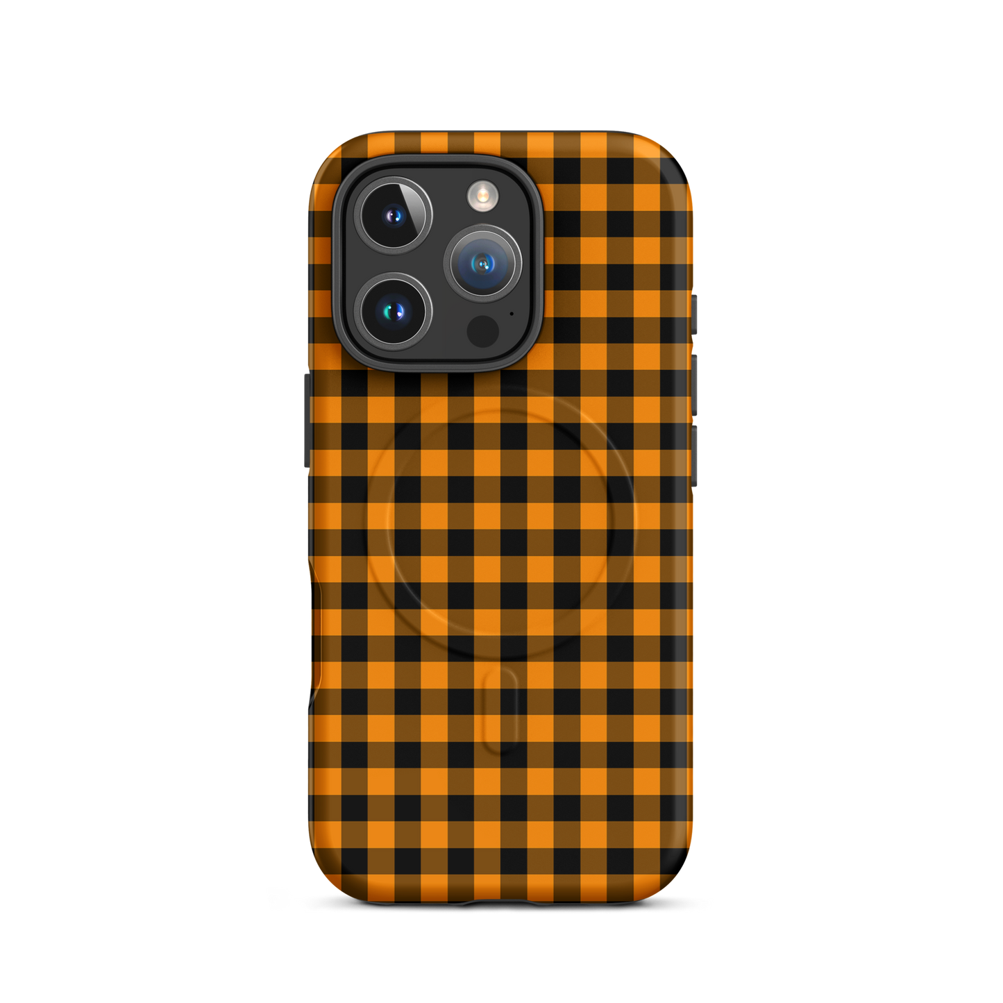 Magnetic Phone Case with black-and-orange gingham Autumn theme for iPhone, stylish and durable design.