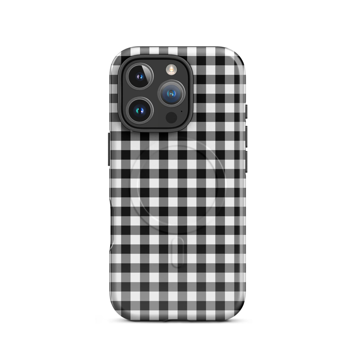 Magnetic Phone Case with black and white gingham pattern for iPhone, offering style and protection.