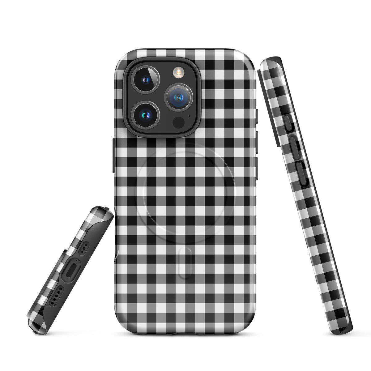 Black and white gingham Magnetic Phone Case for iPhone, stylish design and protective cover displayed from different angles.