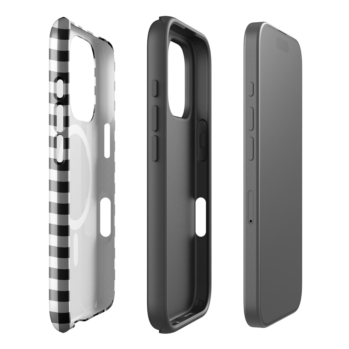 Magnetic Phone Case for iPhone with black and white gingham pattern offering style and protection, showcasing side and back views.