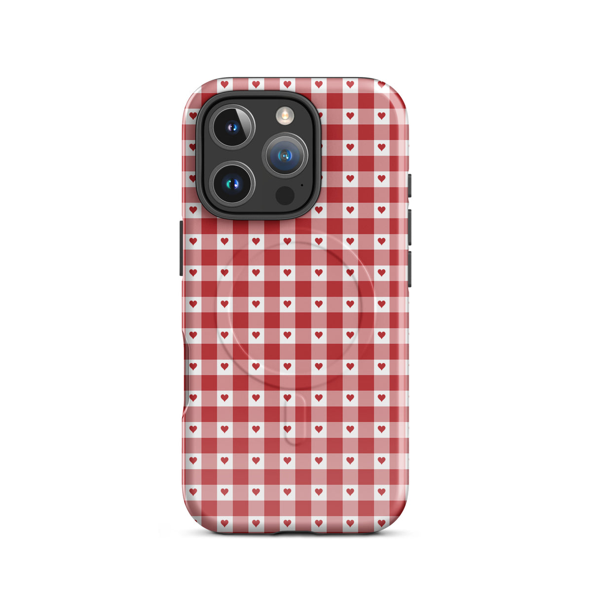 Magnetic Phone Case with red gingham pattern and hearts, stylish iPhone accessory, durable and chic