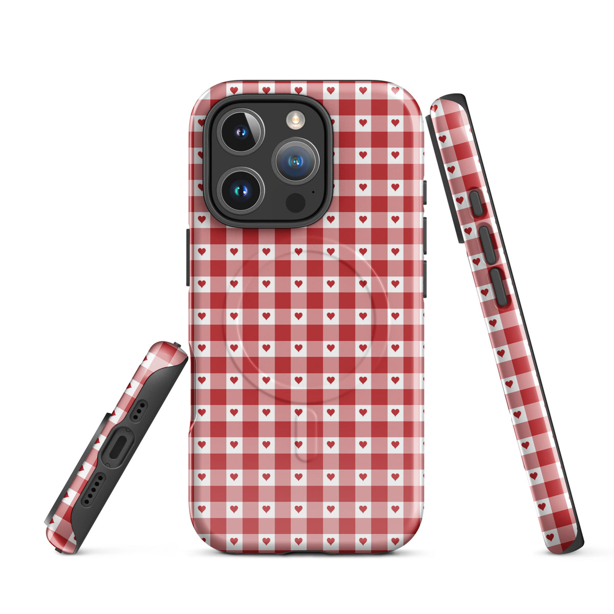 Magnetic Phone Case with red gingham and heart pattern for iPhone, stylish and durable accessory, enhancing phone protection and design.