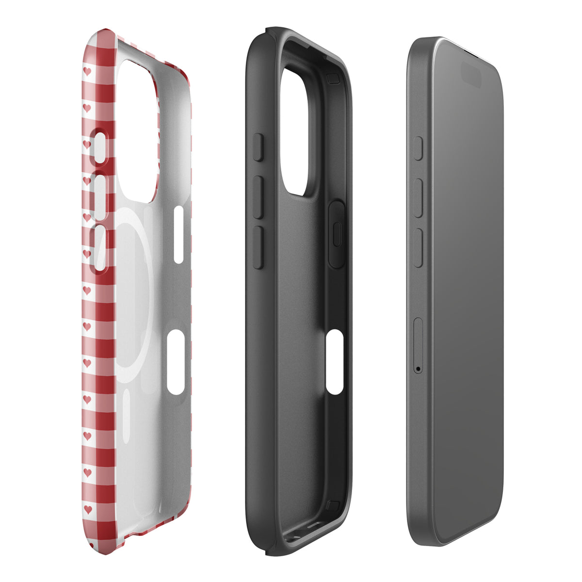 Magnetic Phone Case for iPhone in red gingham with hearts, stylish and durable design, showing front and side views.