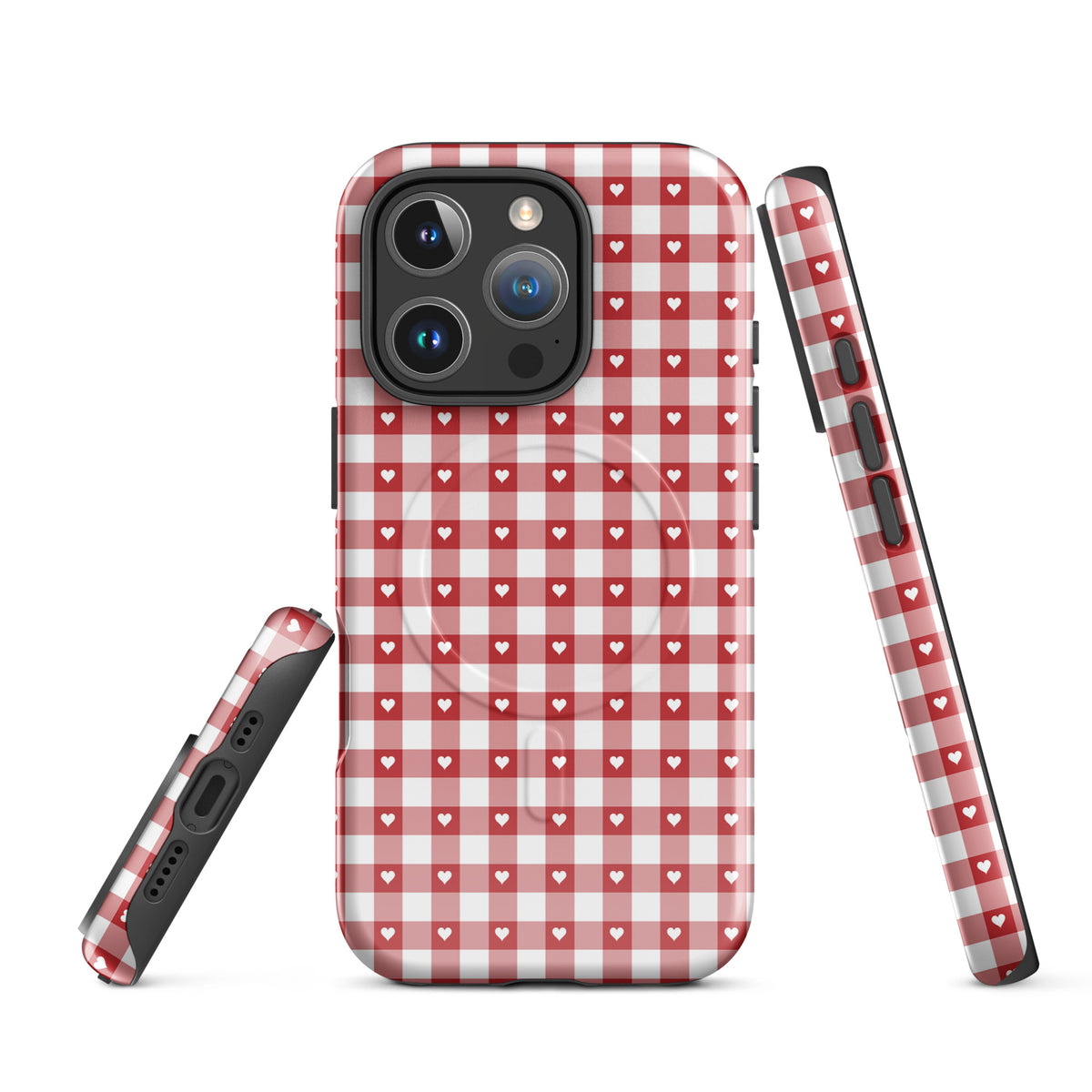 Magnetic Phone Case with red and white gingham pattern and white hearts for iPhone, stylish protective accessory.