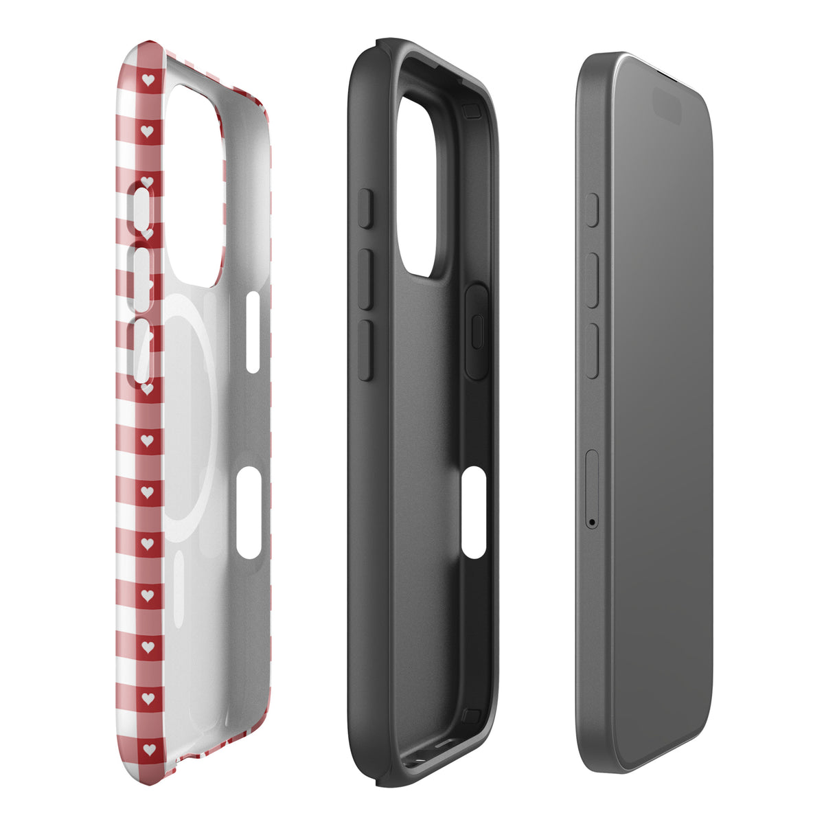 Magnetic Phone Case with red and white gingham pattern featuring hearts, offers style and protection for iPhone.
