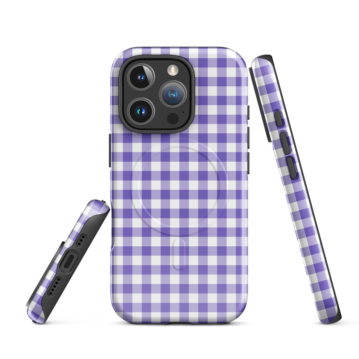 Magnetic Phone Case for iPhone in purple and white gingham pattern offering style and protection.