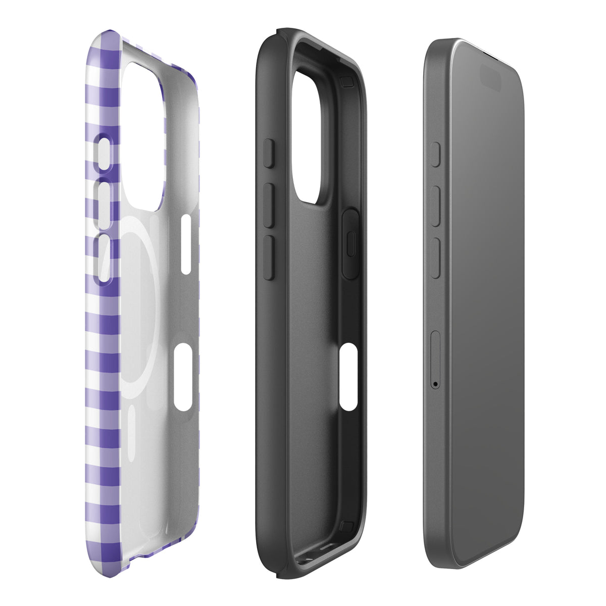 Magnetic Phone Case for iPhone with purple and white gingham pattern showcasing stylish protection and luxury.