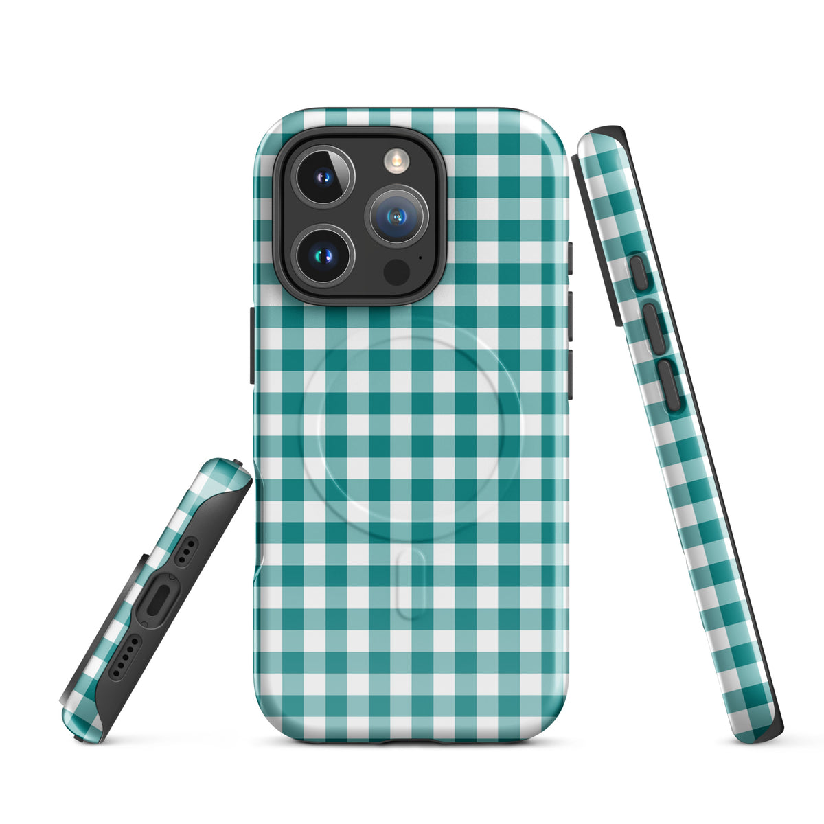 Teal and white gingham patterned Magnetic Phone Case for iPhone showcasing style and protection