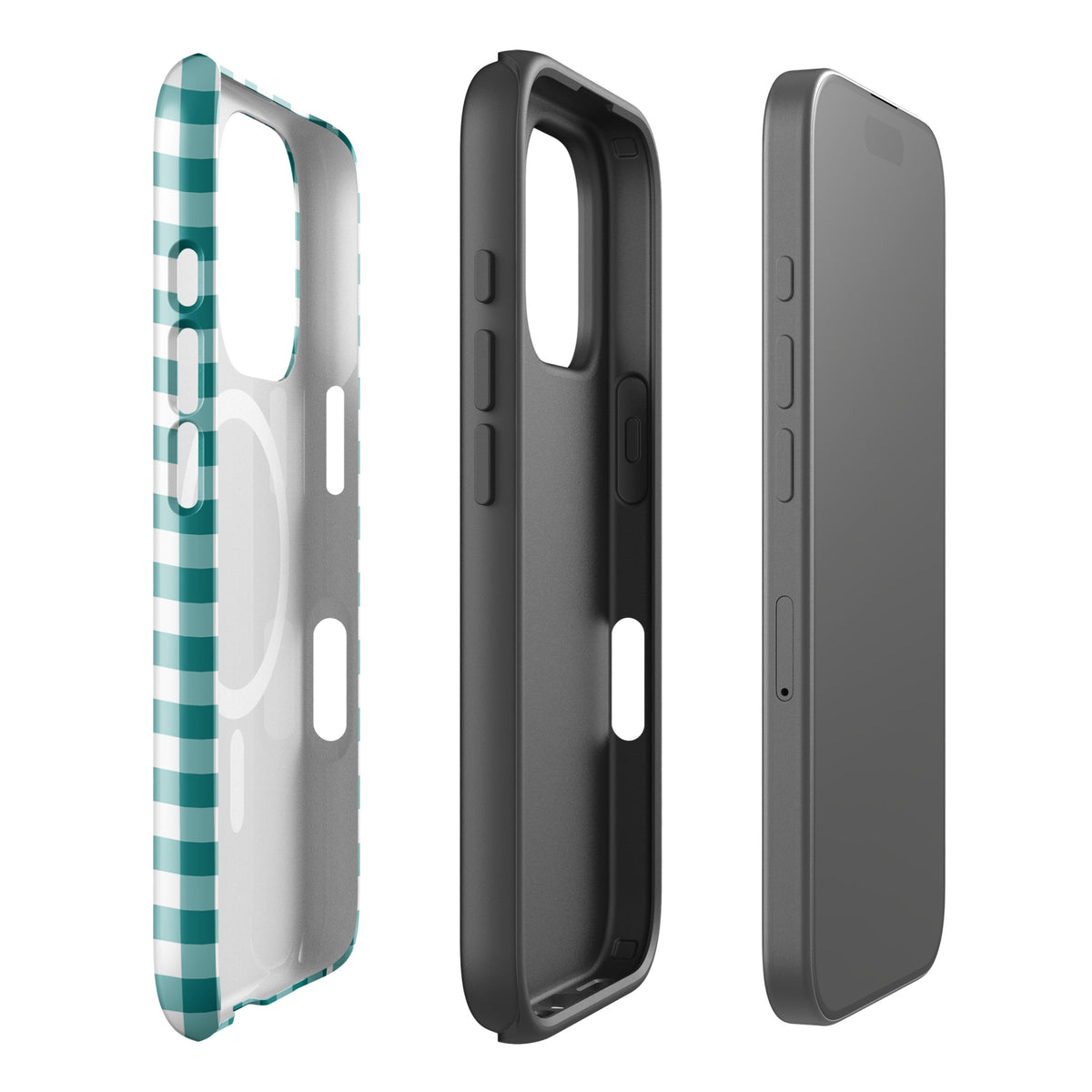 Magnetic Phone Case in teal and white gingham pattern, featuring stylish design and durable protection for iPhone.