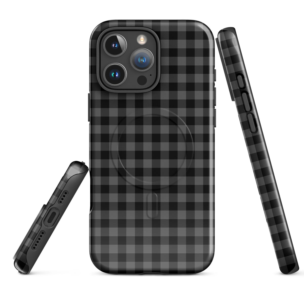 Magnetic Phone Case with black and charcoal gingham pattern, offering durability and style for iPhone users.