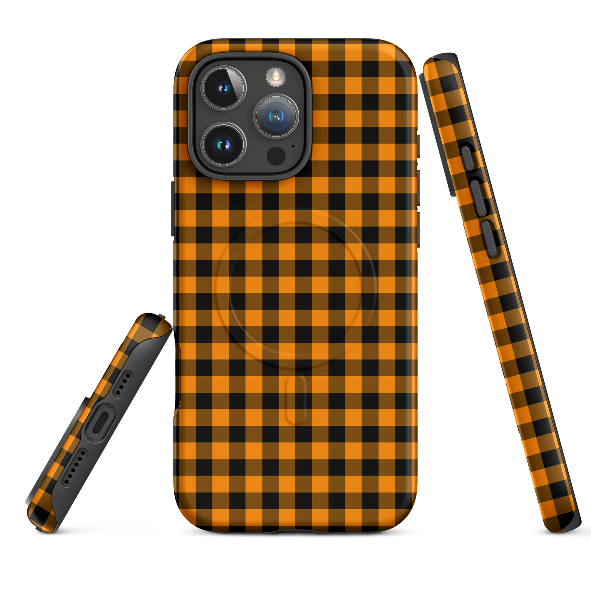 Magnetic Phone Case, black-and-orange gingham, modern Autumn theme for iPhone