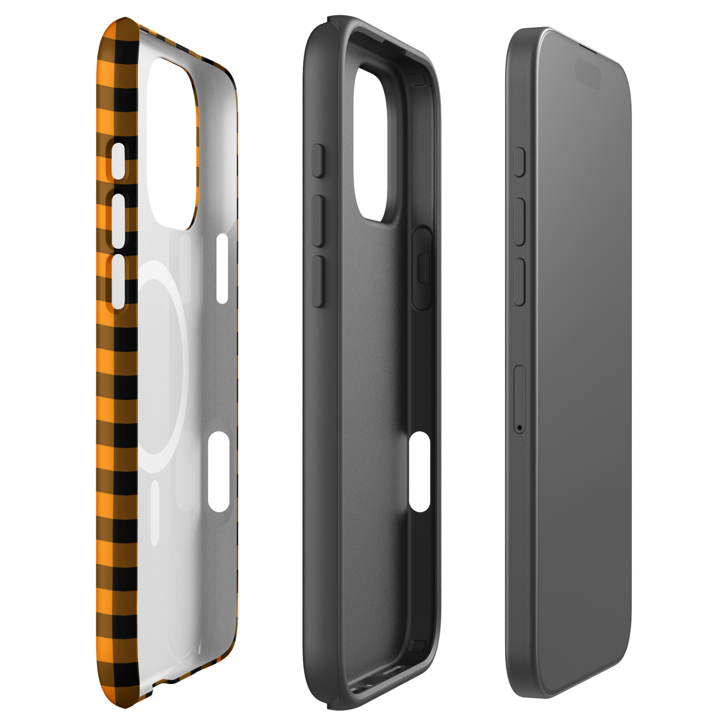 Magnetic Phone Case with black-and-orange gingham Autum theme for iPhone, durable and stylish accessory.