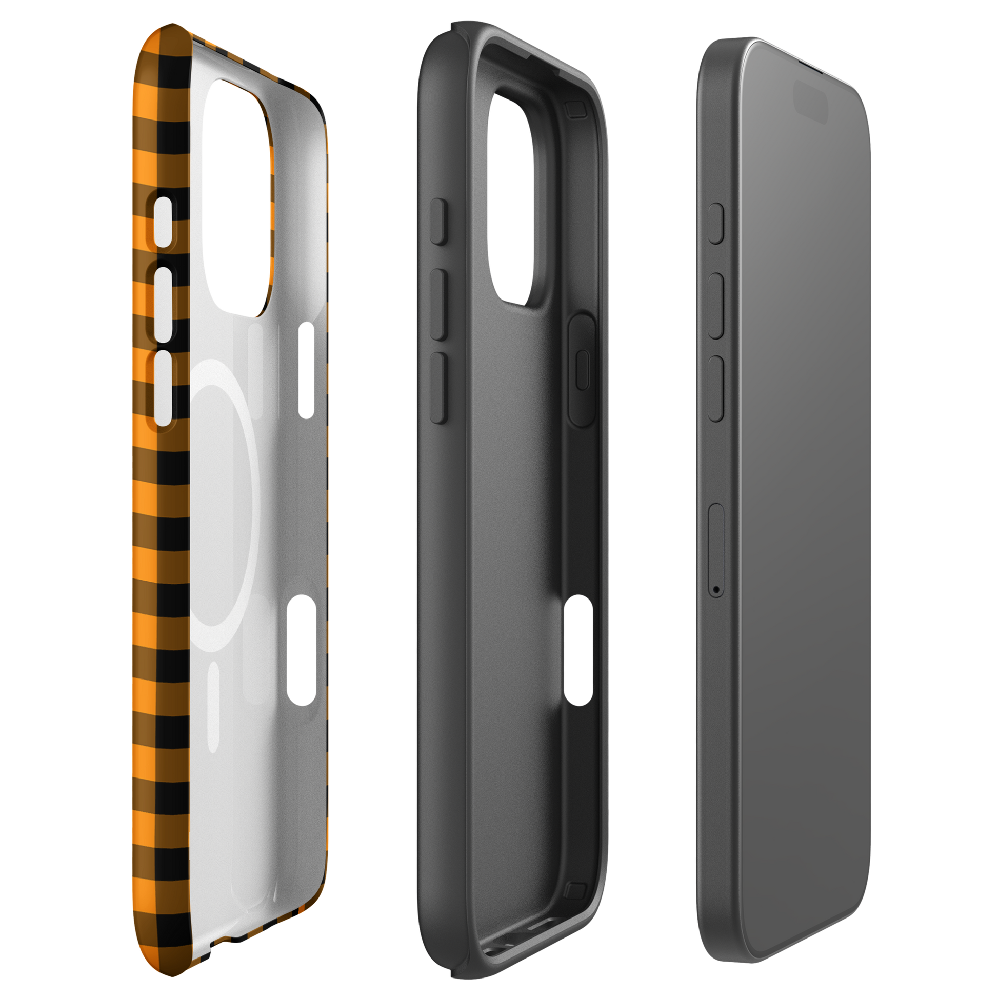 Magnetic Phone Case with black-and-orange gingham Autum theme for iPhone, durable and stylish accessory.
