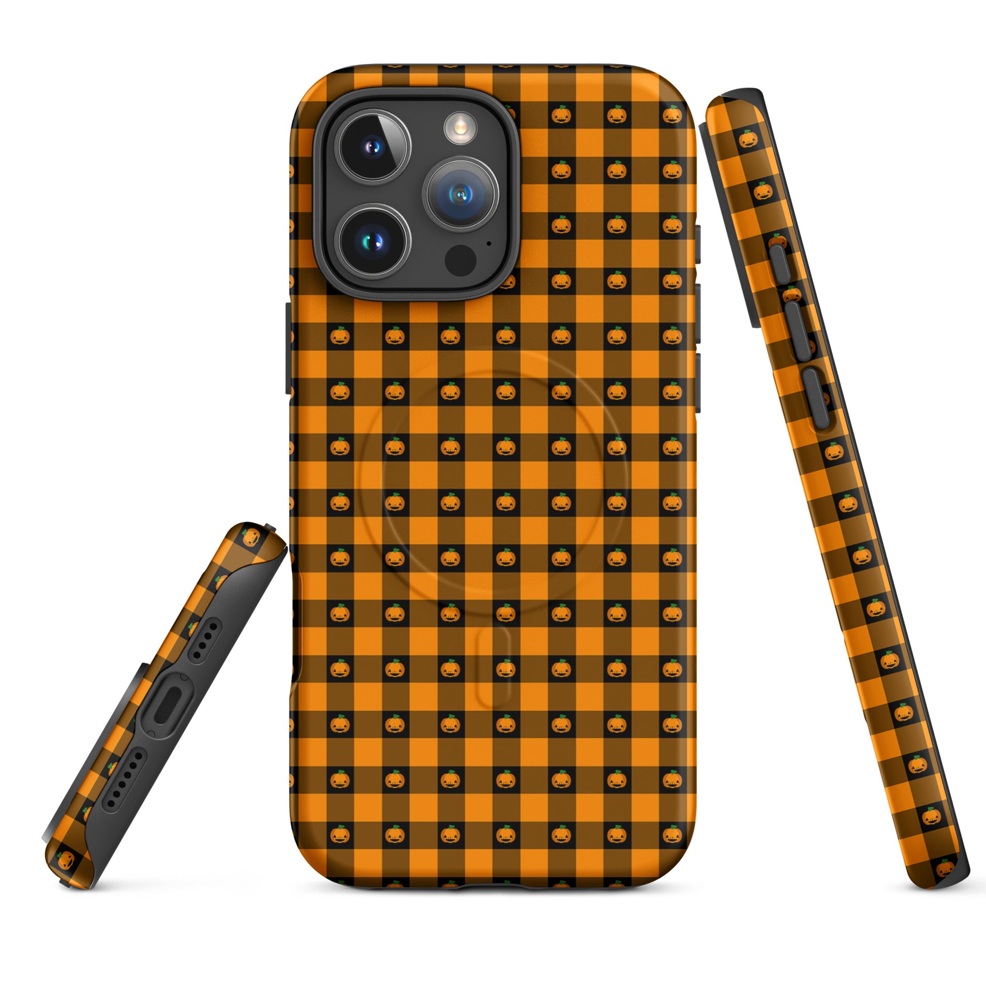 Magnetic Phone Case for iPhone with Halloween pumpkin gingham design, festive black and orange pattern.
