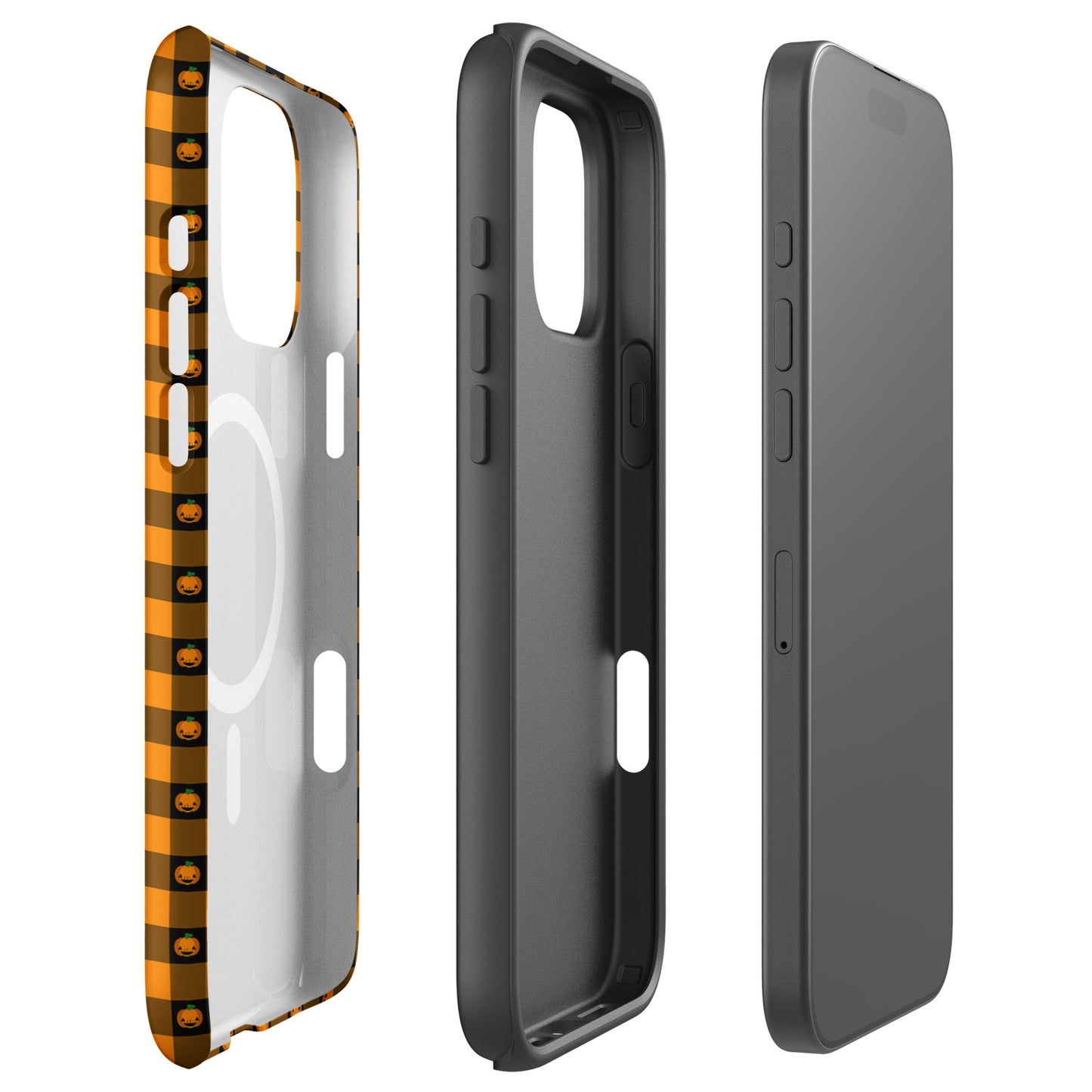 Magnetic Phone Case for iPhone with Halloween pumpkin gingham design, festive and stylish accessory, side and front view.