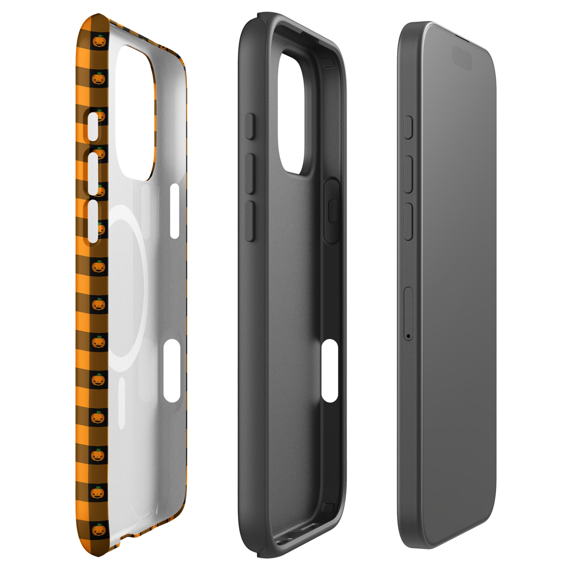 Magnetic Phone Case for iPhone with Halloween pumpkin gingham design, festive and stylish accessory, side and front view.