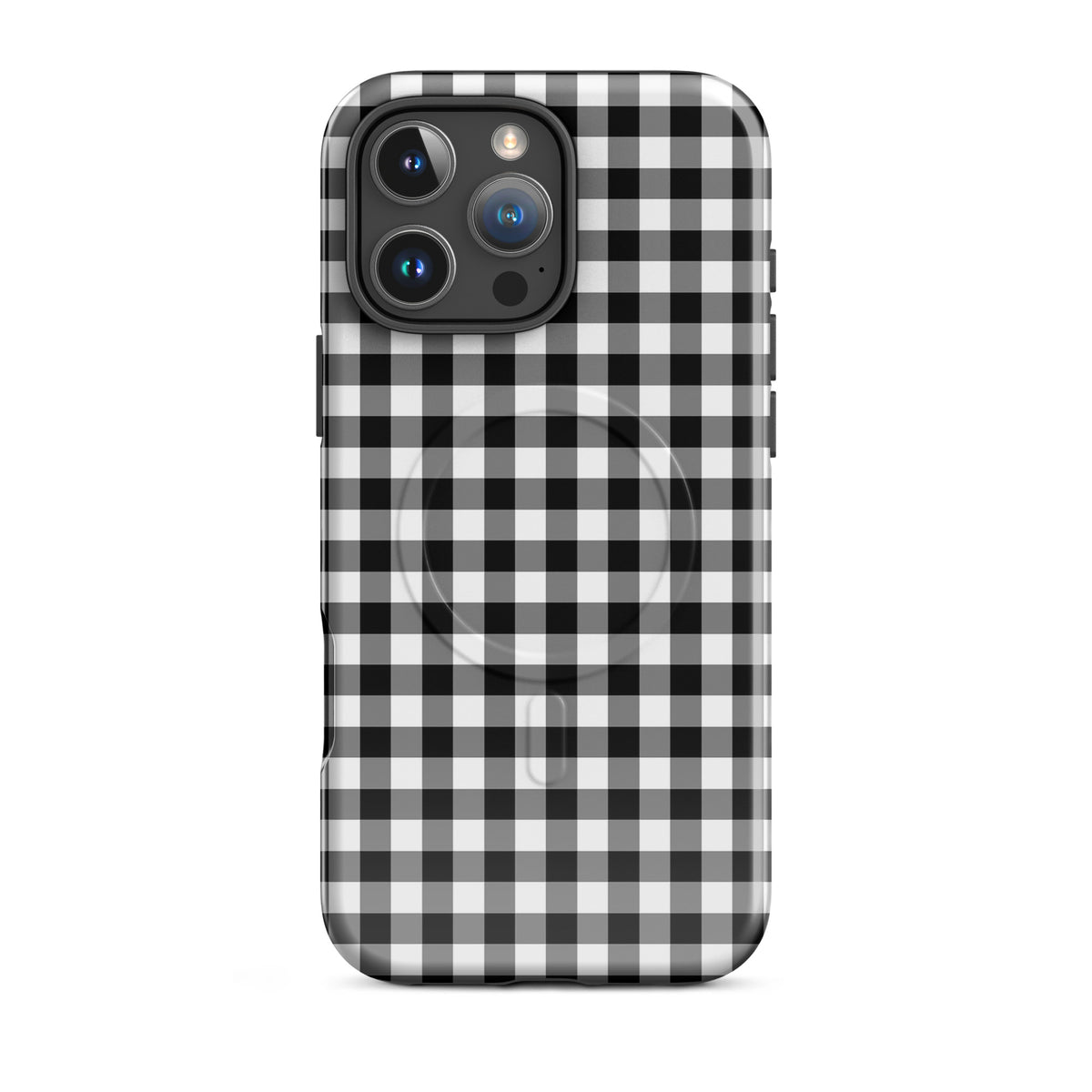 Magnetic Phone Case in black-and-white gingham pattern for iPhone, combining style with durable protection.