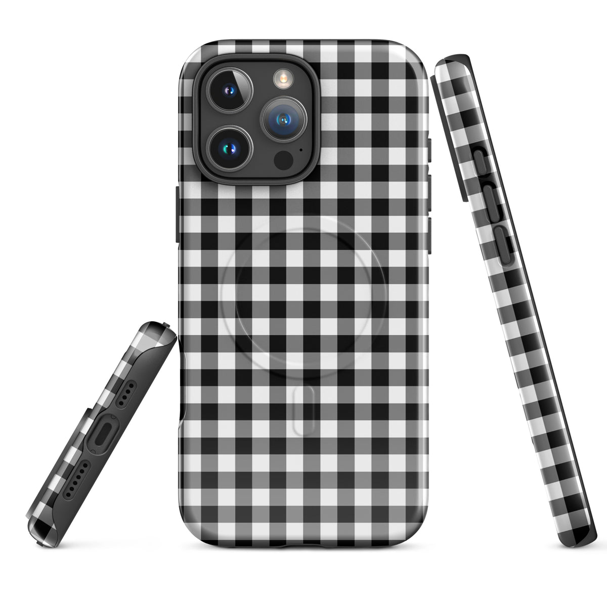 Magnetic Phone Case for iPhone with black-and-white gingham pattern, stylish and durable design for protection and elegance.