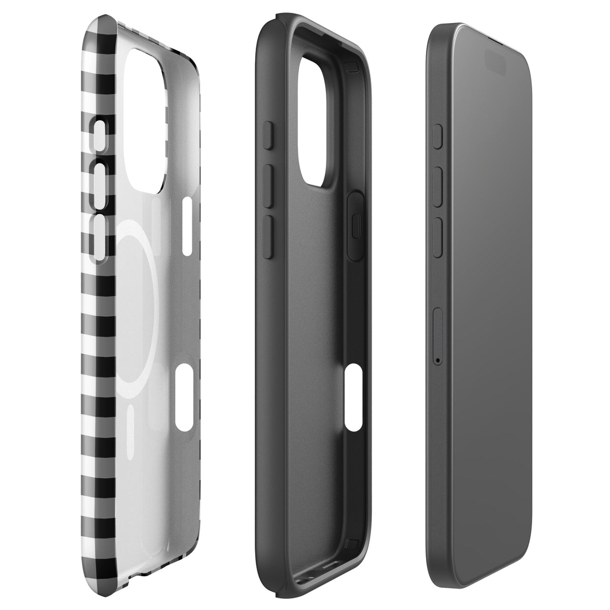 Black and white gingham Magnetic Phone Case for iPhone showcasing front, side, and back views for style and protection.