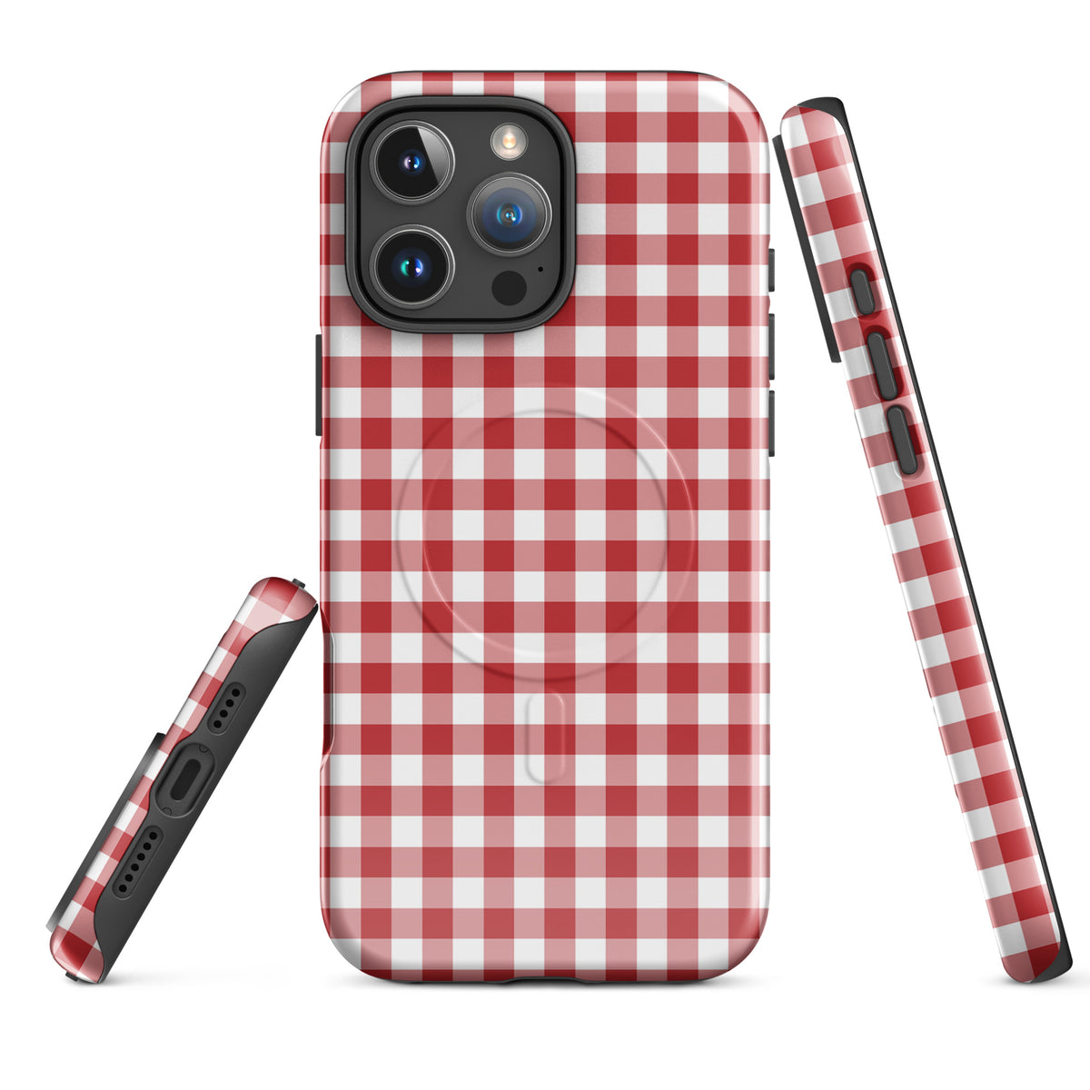 Magnetic Phone Case with red gingham pattern for iPhone, offering stylish protection and durable luxury.