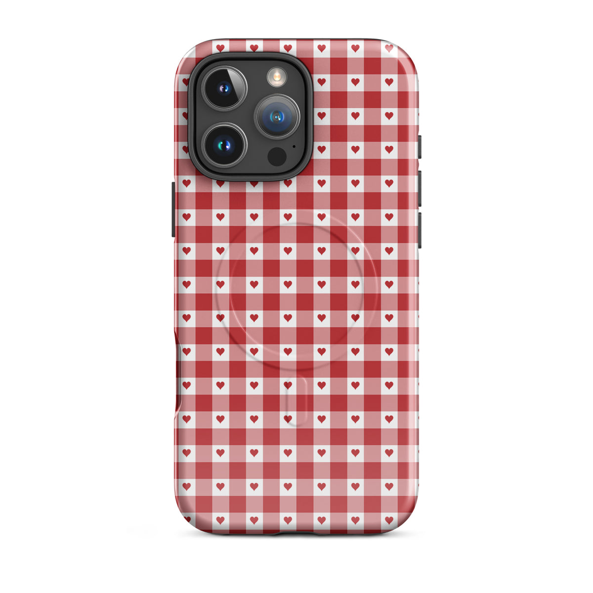 Magnetic Phone Case with red gingham heart pattern for iPhone, stylish and durable accessory.